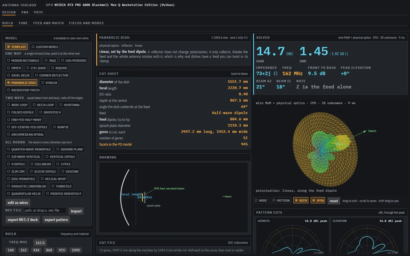 Antenna Toolbox zeigt ein Parabolspiegel-Design und sein Strahlungsdiagramm