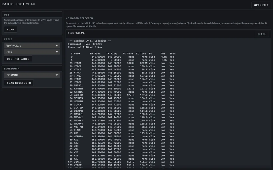 radio_tool showing the codeplug of a Baofeng UV-5R read from a file