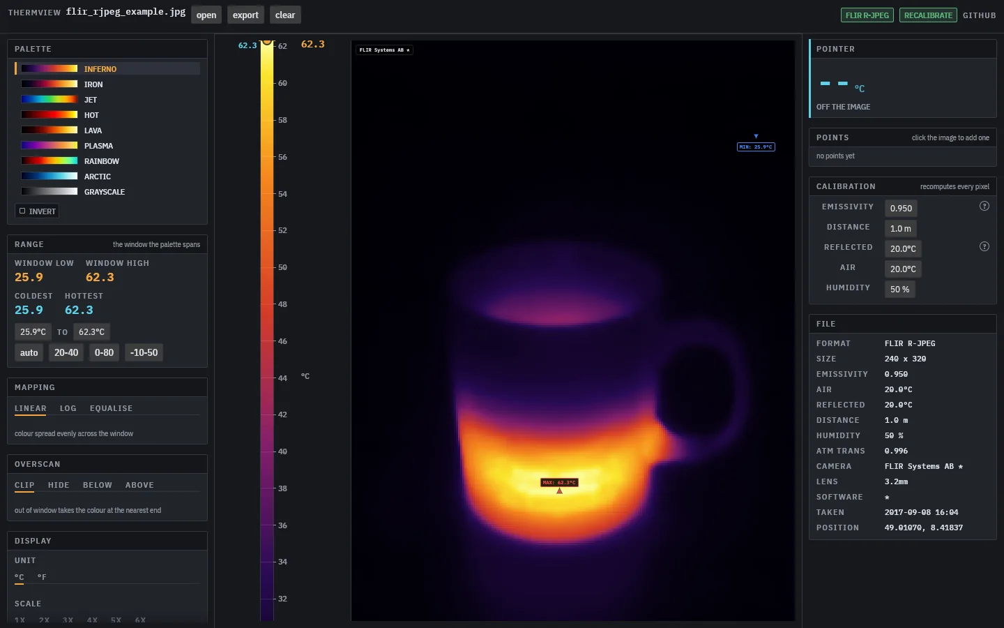 thermview zeigt ein FLIR-Bild einer Tasse heißen Kaffees mit seiner Farbskala