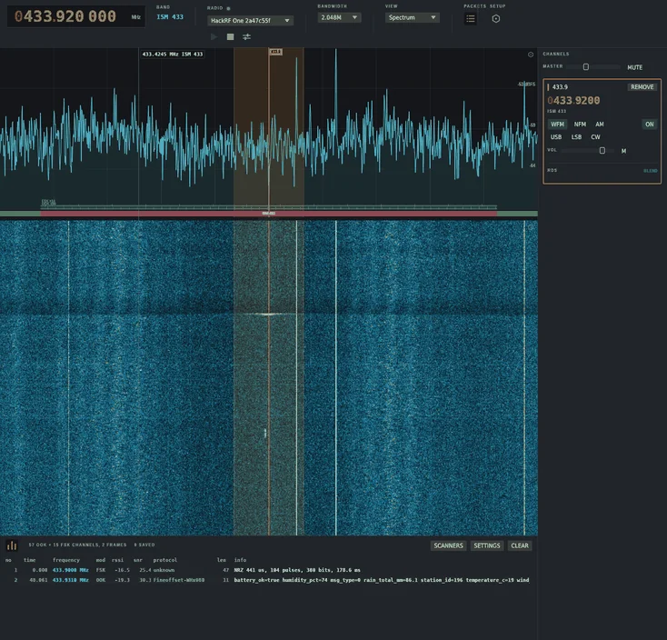 WaveShark che decodifica una stazione meteo a 433,92 MHz